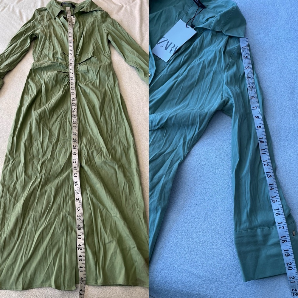 NWT Zara Gathered Linen Blend Shirt Dress S Green Gold Buttons - Picture 7 of 12